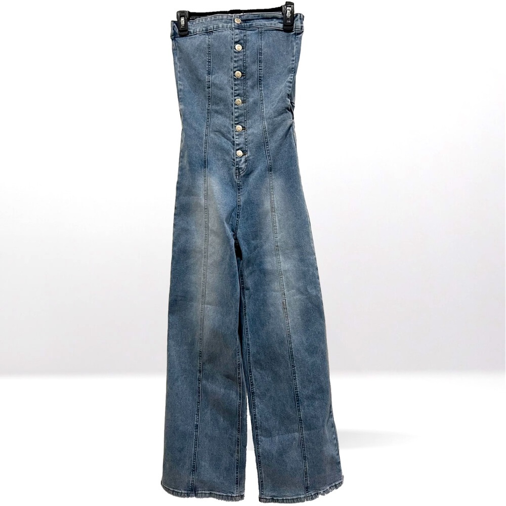 Strapless Denim Wide Leg Jean Button Up Jumpsuit size Small NWT